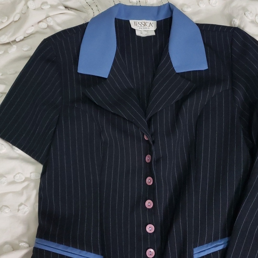 Vintage 80s/90s Jessica petites 2 black/blue pinstriped 2pc pant suit 12 - Picture 2 of 4